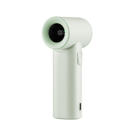 A high-speed portable handheld fan in light green with a simple design and power button, featuring a brand logo.