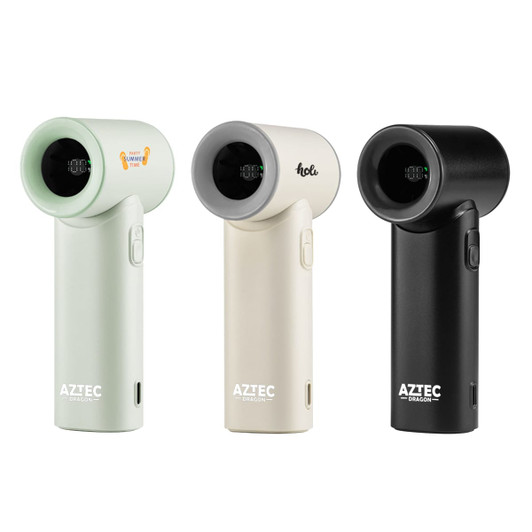 A collection of three portable handheld fans in mint green, cream, and black, each with a distinctive logo.