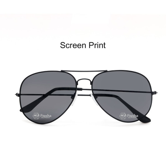 Classic aviator sunglasses with dark lenses and a sleek black metal frame. Features a logo on the side.