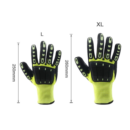 Heavy-duty safety work gloves in yellow and black, featuring reinforced thumb web and varying sizes indicated.