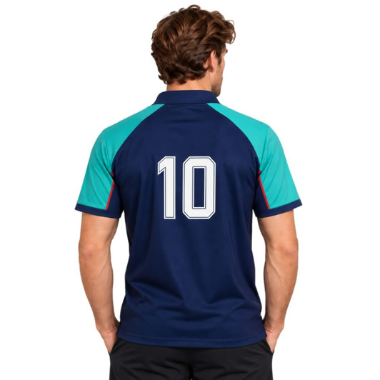 A navy blue and teal polo shirt featuring a sporty raglan design and the number 10 on the back.