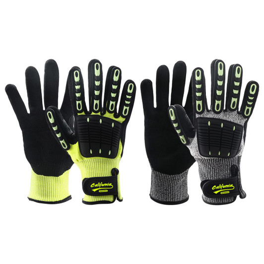Heavy duty safety work gloves in black and grey with bright green accents, featuring a wrist lock and palm guard.