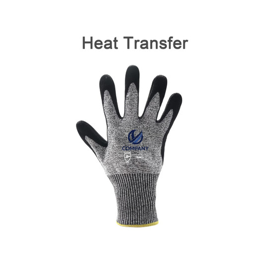 A cut-resistant nitrile glove in grey and black, featuring a logo on the palm and a yellow cuff.