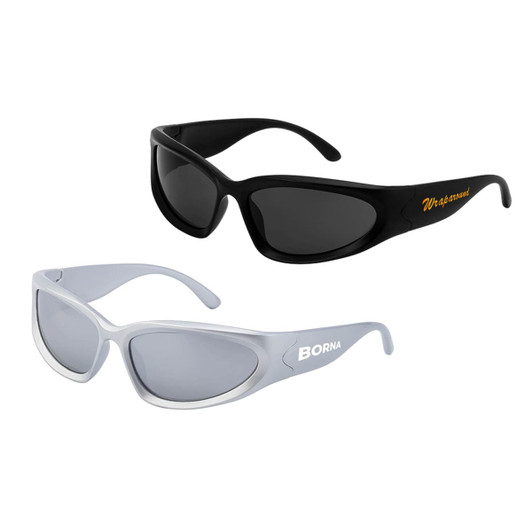 Two pairs of wraparound sunglasses, one in black with branding and the other in grey with white detailing.