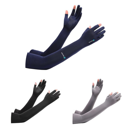 Long sleeve sun protective gloves in navy, black, and grey with two open fingers and a logo.