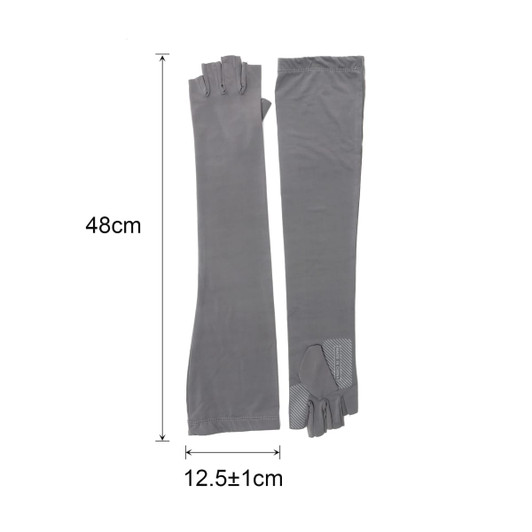 Long sleeve, fingerless gloves in grey, featuring a logo, measuring 48 cm in length and 12.5 cm in width.