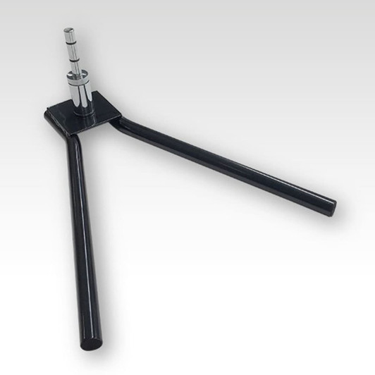 A black metal base with two extended arms for supporting a feather flag. Features a central pole holder.