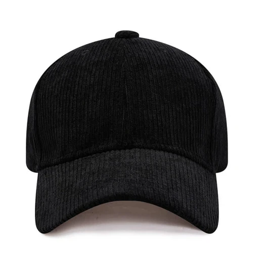 A black corduroy baseball cap with a rounded crown and a curved peak, featuring a logo on the front.