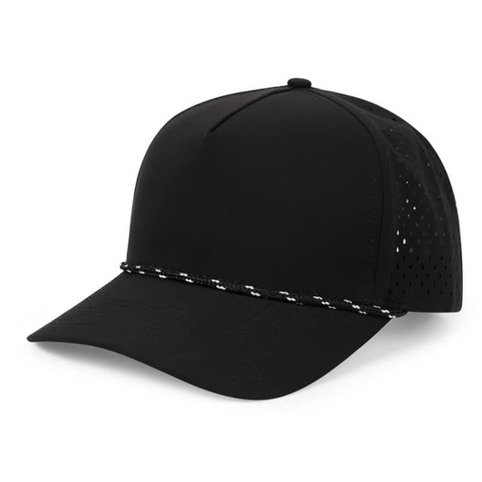 A black performance cap with a rope detail and mesh backing, featuring a logo on the front.