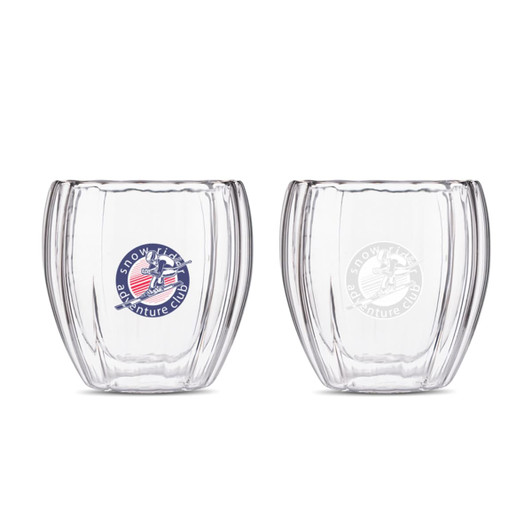 A spiral double wall glass with a clear finish and curved design, featuring a logo on one side.