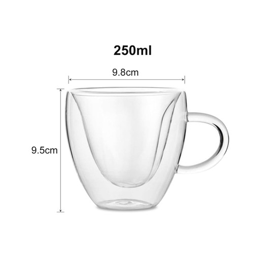 A double wall mug in clear glass, featuring a curved design and a handle, with a capacity of 250ml.