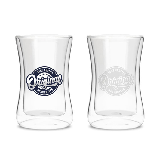 A drink bottle featuring double wall glass, transparent design with a logo on one side and plain on the other.