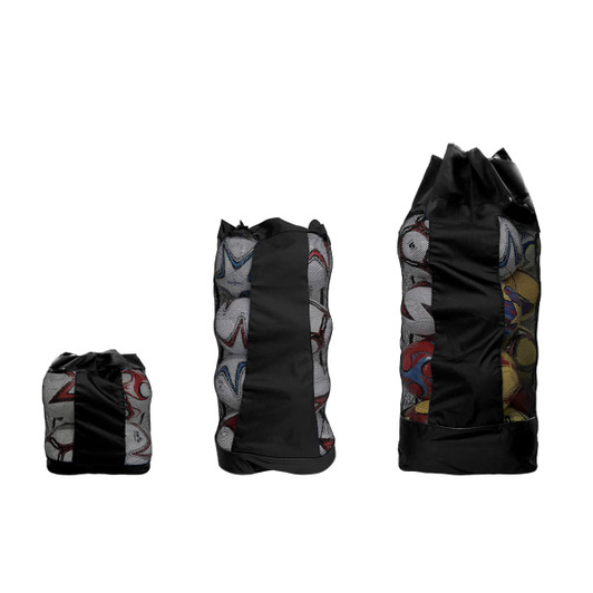 Three drawstring mesh ball bags in black, showcasing colourful balls inside. Each bag varies in size.