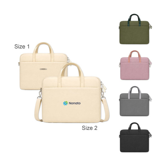 A laptop bag with a buffer pad, available in cream, grey, green, pink, and a muted tone, featuring a logo.