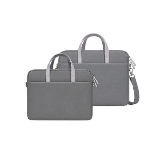 A grey laptop bag with dual handles and a detachable strap, featuring a sleek design and a logo.