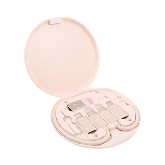 A circular pink case containing various charging cables and connectors for phones and technology.