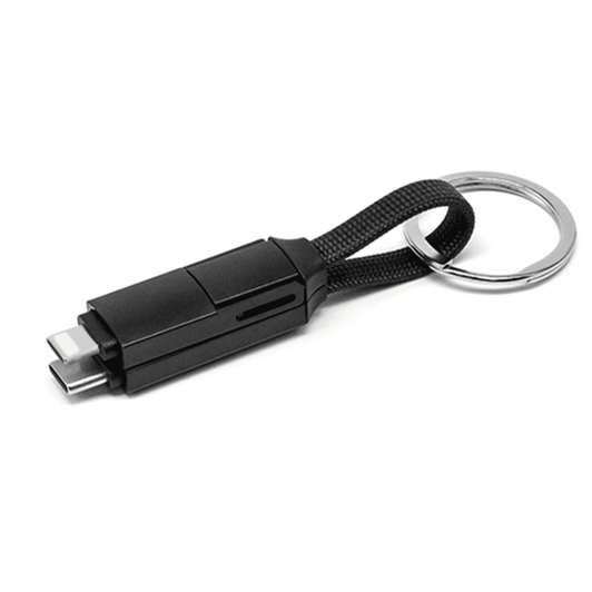 A black 3-in-1 charging cable with a keyring attachment, featuring multiple connector types.