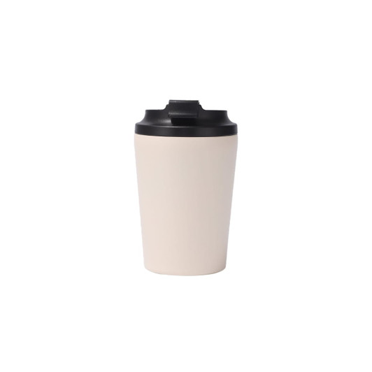 A powder-coated stainless steel coffee mug in cream with a black lid. It features a logo on the surface.