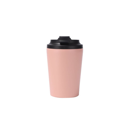 A pink powder coated stainless steel coffee mug with a black lid and a logo.