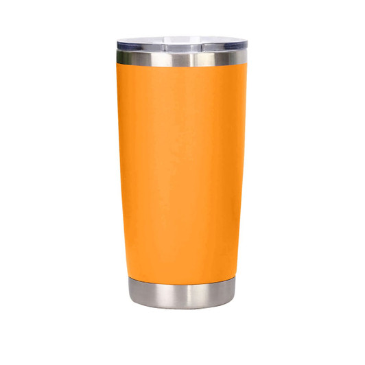 A drink bottle with a vibrant orange body and a stainless steel rim, featuring a logo on its surface.