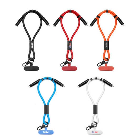 A collection of five phone charging straps in black, red, orange, blue, and white, each with a logo.