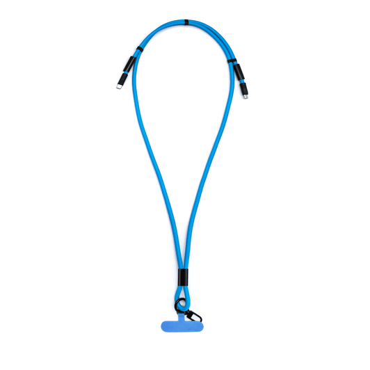 A blue charging phone lanyard with dual connectors and a secure attachment at the bottom. It features a logo.