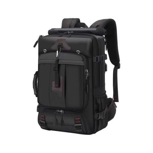 A black convertible backpack duffel bag with red accents, featuring multiple pockets and adjustable straps.