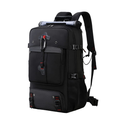 A black convertible backpack duffel bag with multiple compartments and adjustable straps, featuring a logo.