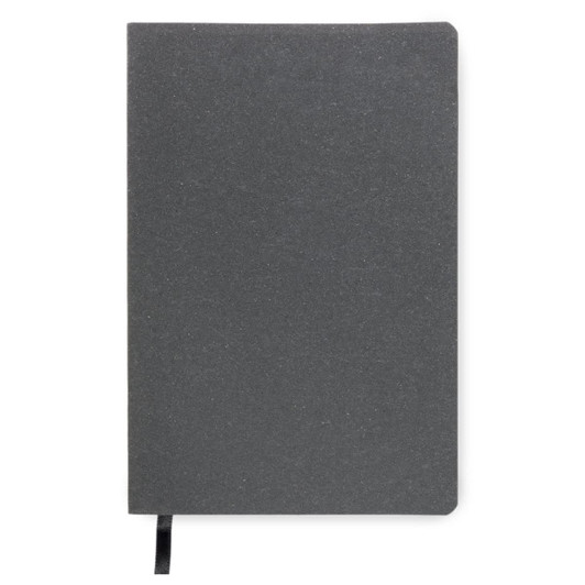 A grey notebook with a textured cover and a black ribbon bookmark, featuring a logo on the front.