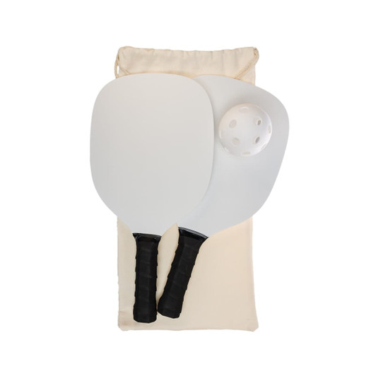 A Pickleball set featuring two paddles and a ball, all neatly packaged in a canvas storage bag.