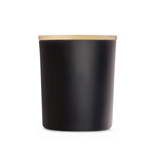 A large black glass candle with a smooth finish and a bamboo lid. Minimalistic design with a sleek appearance.