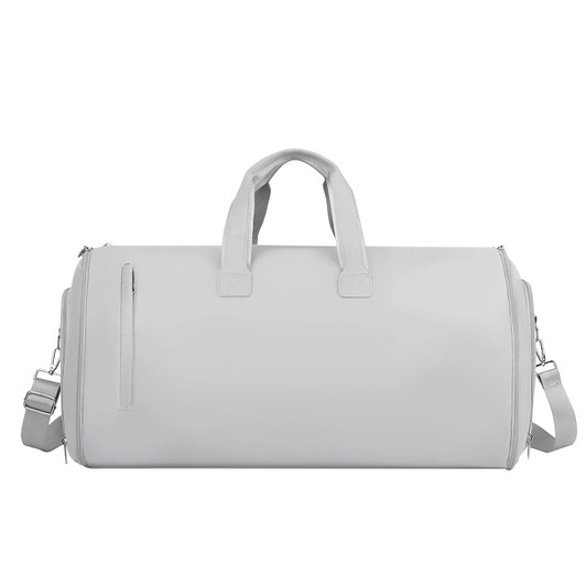 A grey convertible duffel bag with sturdy handles and a detachable shoulder strap, featuring a zippered compartment.