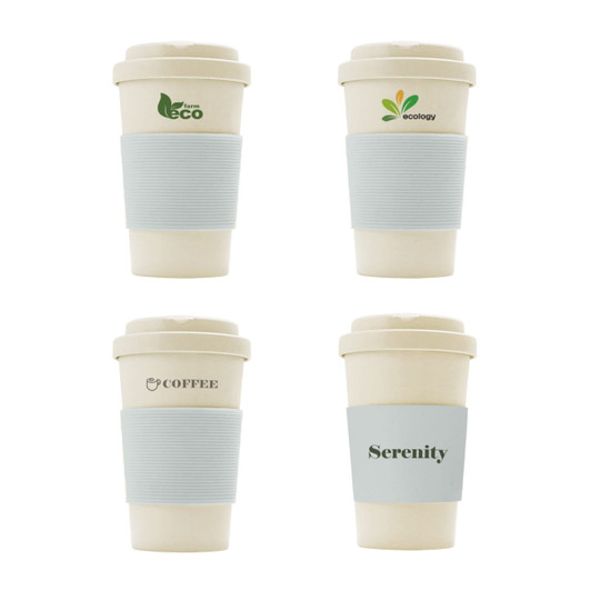 A drink bottle featuring a 400ML BPA-free eco bamboo fibre design in cream with a light blue silicone sleeve and branding.