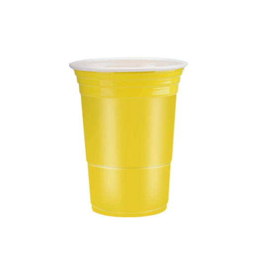 A yellow promotional cup with a lid, designed for party games, featuring a simple design and a logo.