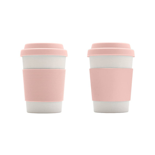 A drink bottle featuring a white bamboo fibre body with a pink silicone lid and matching grip. It has a logo.
