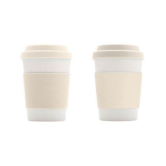 A drink bottle with a white body and beige silicone lid and sleeve, featuring a branding logo.