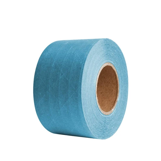 A roll of water-activated reinforced kraft paper tape in a light blue colour. It features a cardboard core.