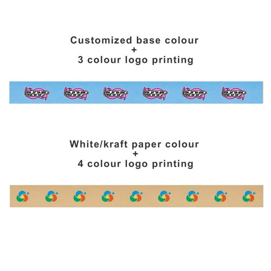 Two rolls of self-adhesive kraft paper tape in blue and kraft paper colour, featuring logos in multiple colours.