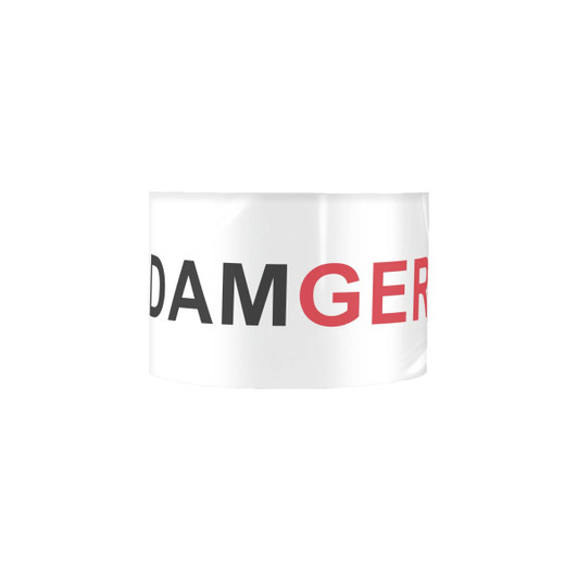 A roll of PE barrier tape featuring full colour print in red and black text on a white background.