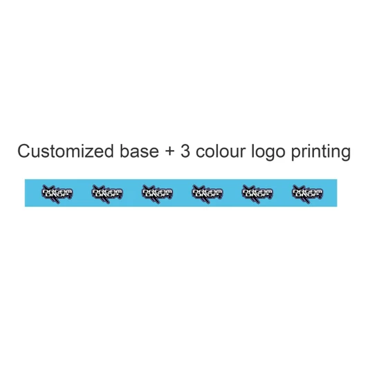 A roll of BOPP packaging tape featuring a light blue background with a multicoloured printed logo design.
