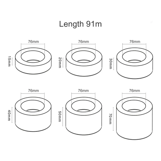 A diagram of six rolls of transparent packaging tape, each with different widths, all measuring 91m in length.