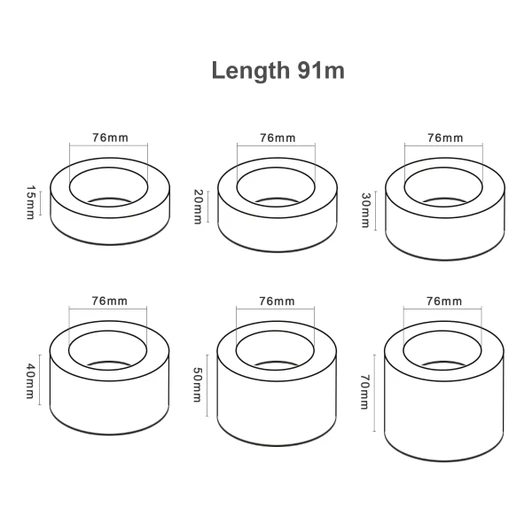 Rolls of BOPP white packaging tape in various widths, each measuring 91m in length. The image features six tape rolls.