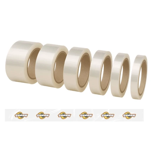 A series of transparent BOPP packaging tape rolls in varying widths, showcasing a smooth, glossy finish.