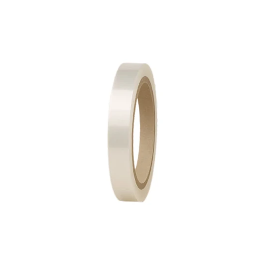 A roll of transparent BOPP packaging tape, displaying a smooth surface and a cardboard core.