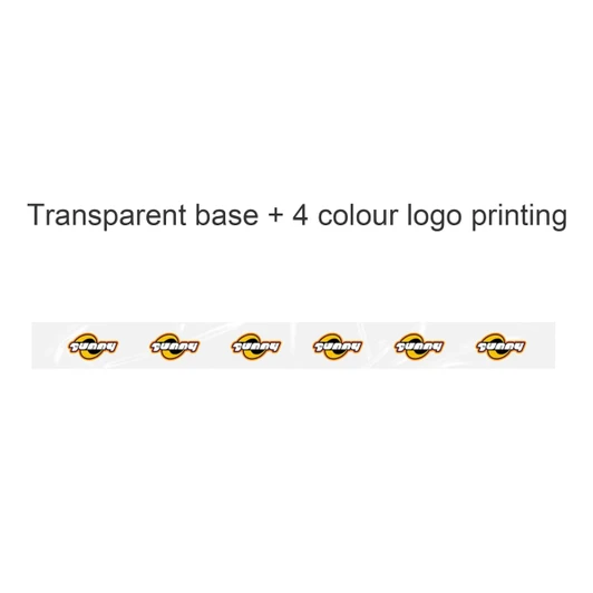 A roll of transparent packaging tape featuring a multi-coloured printed logo along its length.