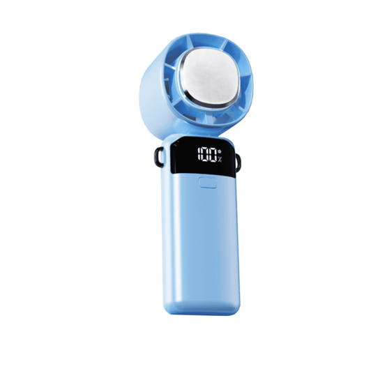 A portable cooling fan in light blue with a digital display and attached phone stand.