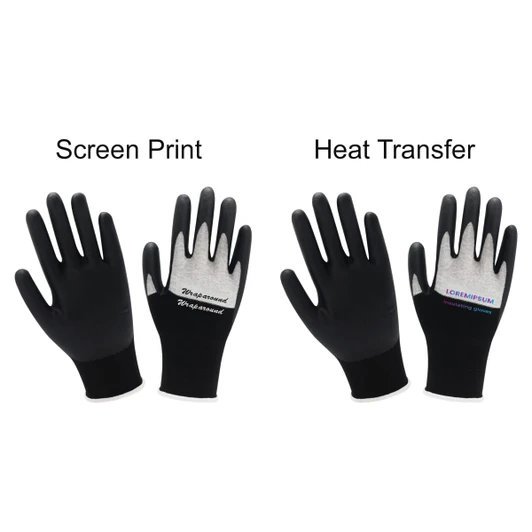Two pairs of black insulating gloves displayed side by side, featuring different designs on the palms. One pair has screen print, the other has heat transfer.
