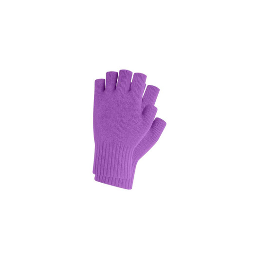 Purple knitted fingerless gloves with a ribbed cuff and a woven label.