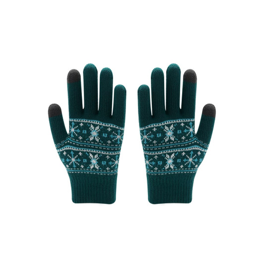 A pair of teal Jacquard gloves featuring a snowflake pattern in white and grey fingertips. The gloves have a knitted design.