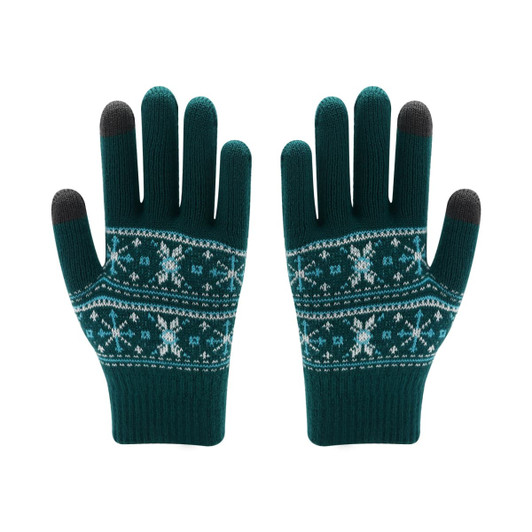 Adults Jacquard gloves in teal with a snowflake pattern and dark grey fingertips. Features a knitted design.